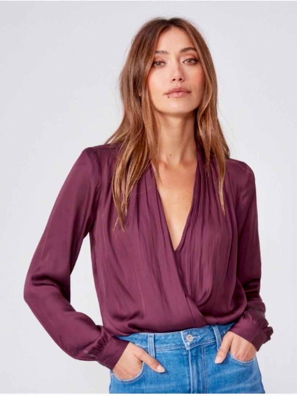 PAIGE NWT Sevilla silky surplice wrap bodysuit in fig (wine/purple) size small